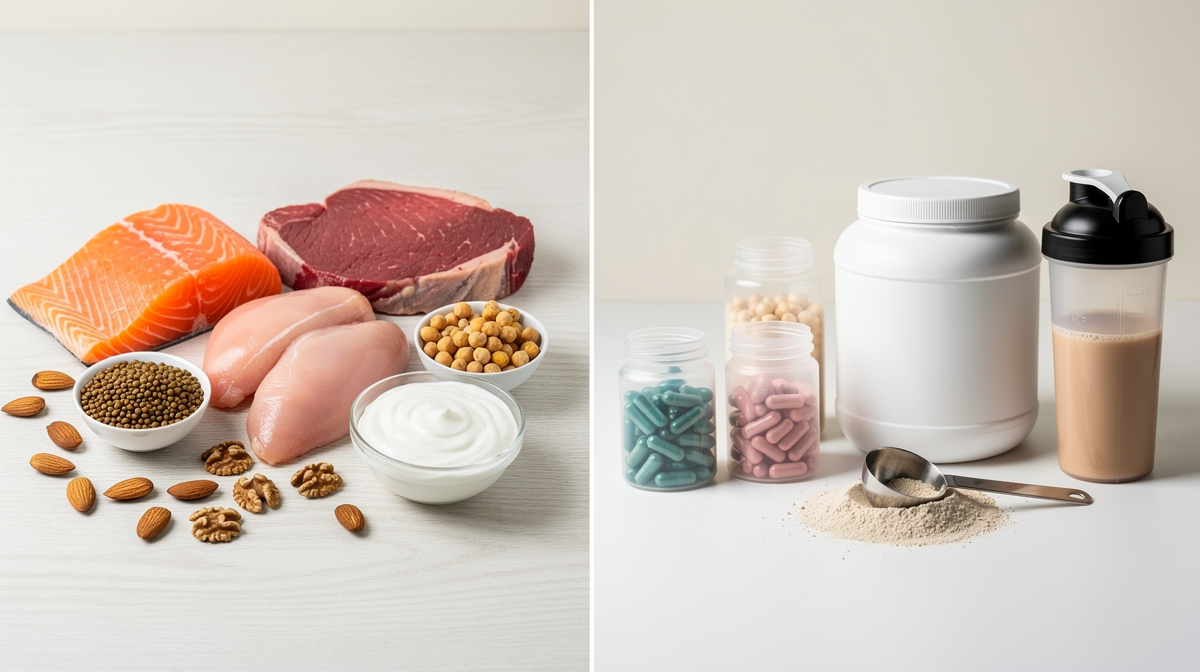 Proteinrika livsmedel som kyckling, lax, ägg, linser och yoghurt på träbord