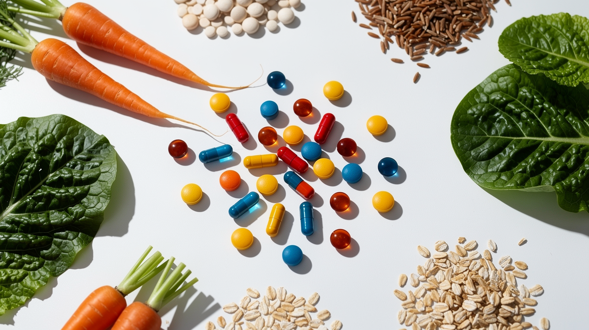 Blandade B-vitaminkapslor och färska grönsaker på vit yta