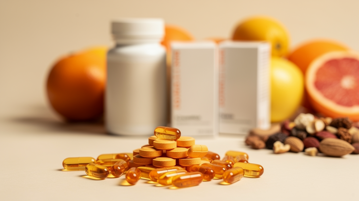 Niacinkapslor och orange vitamintabletter med nötter och citrusfrukter