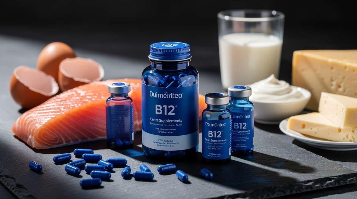 Blå B12-vitaminkapslor med fisk, ägg och mejeriprodukter