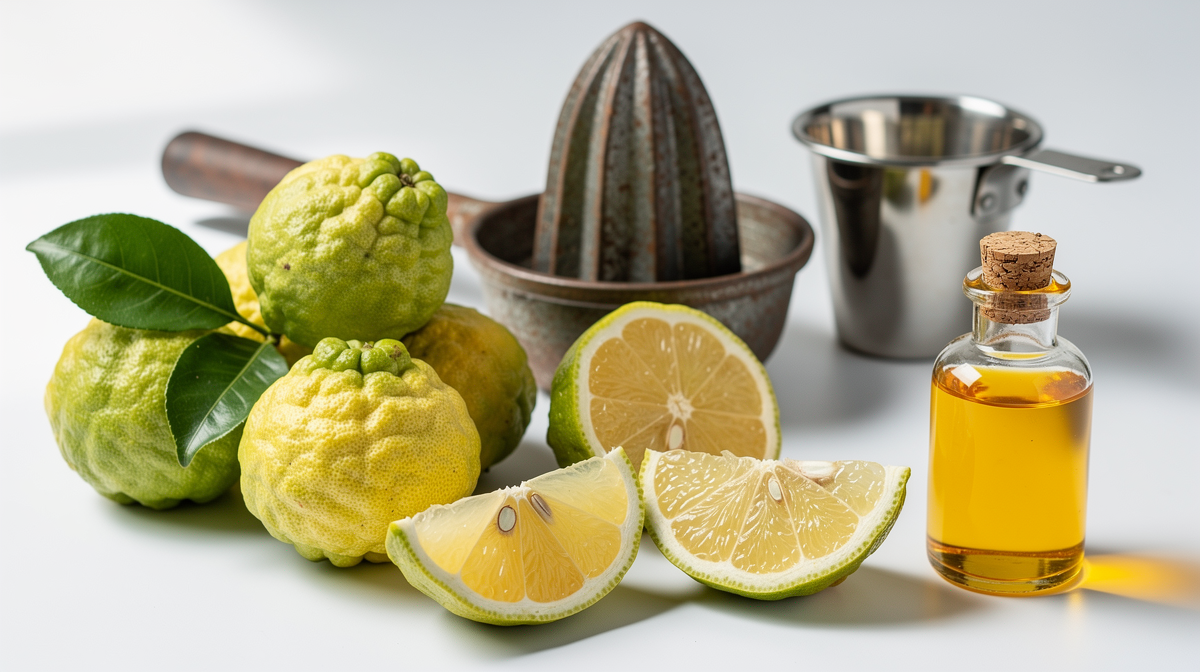 Färska hela citrusbergamotter på ett rustikt träbord i dagsljus
