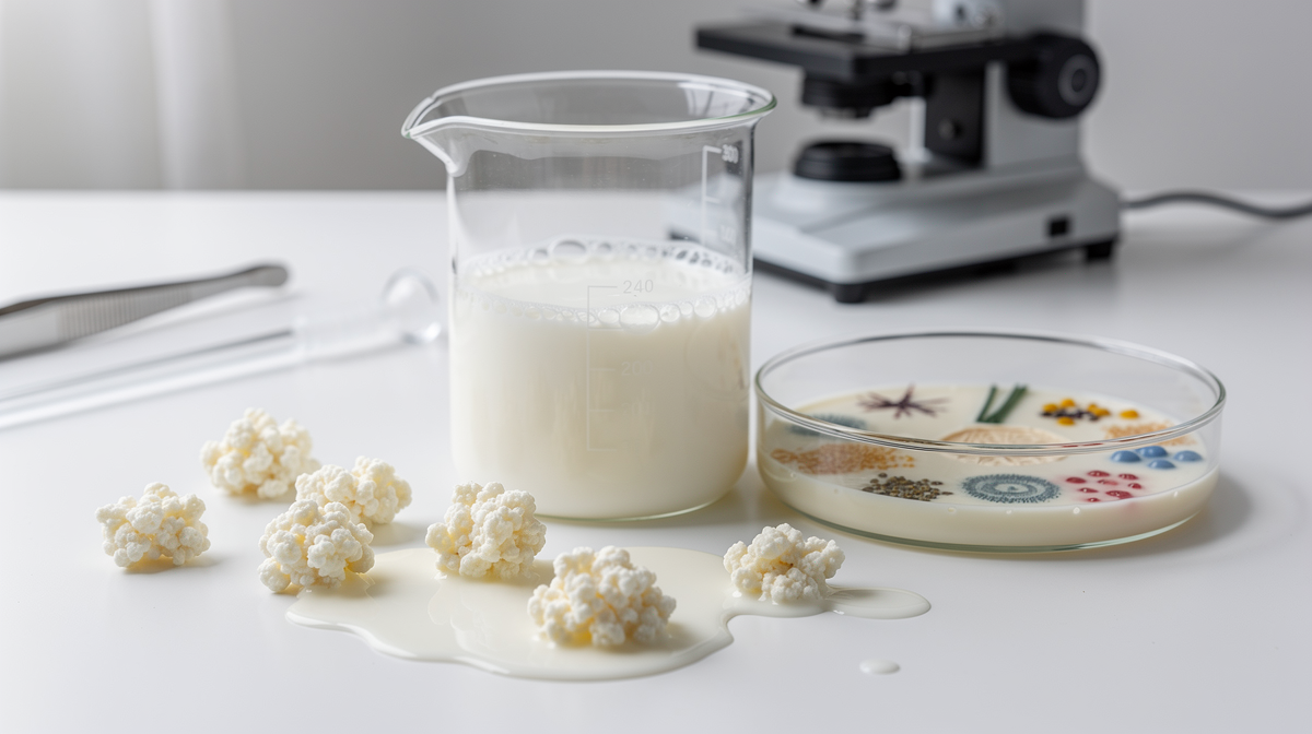 Ett glas färsk kefir bredvid små vita kefirkorn