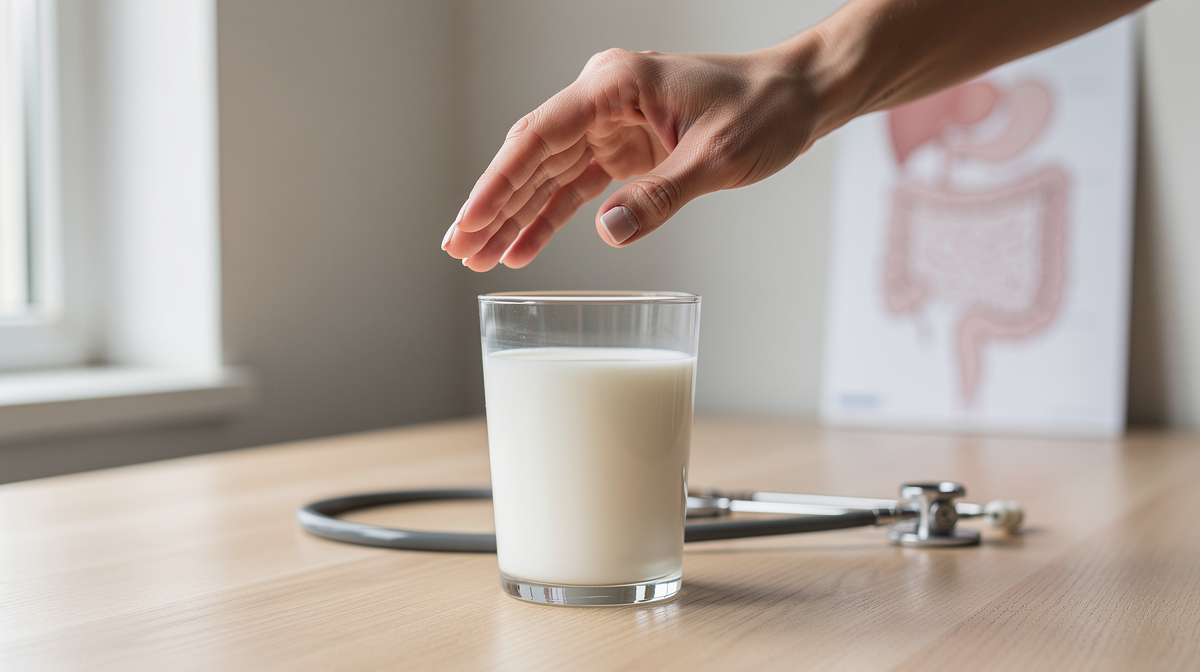 Ett glas färsk kefir bredvid små vita kefirkorn