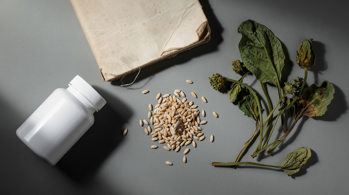 Tom vitaminflaska med vissna grönsaker och trötta anteckningar
