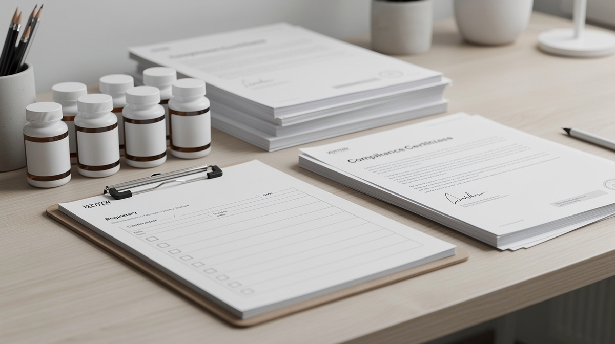 Regelbok, certifikat och checklistor på skrivbord symbolis­ering regelverk