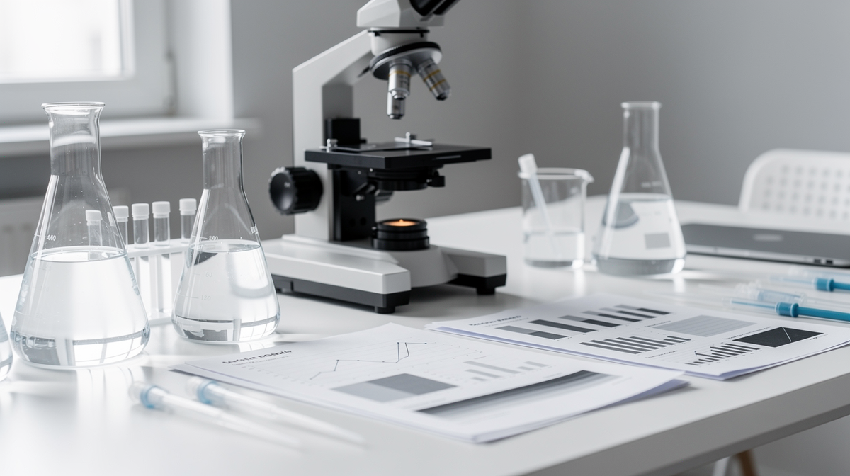 Laboratorieapparatur med forskningsdokument och datatabeller
