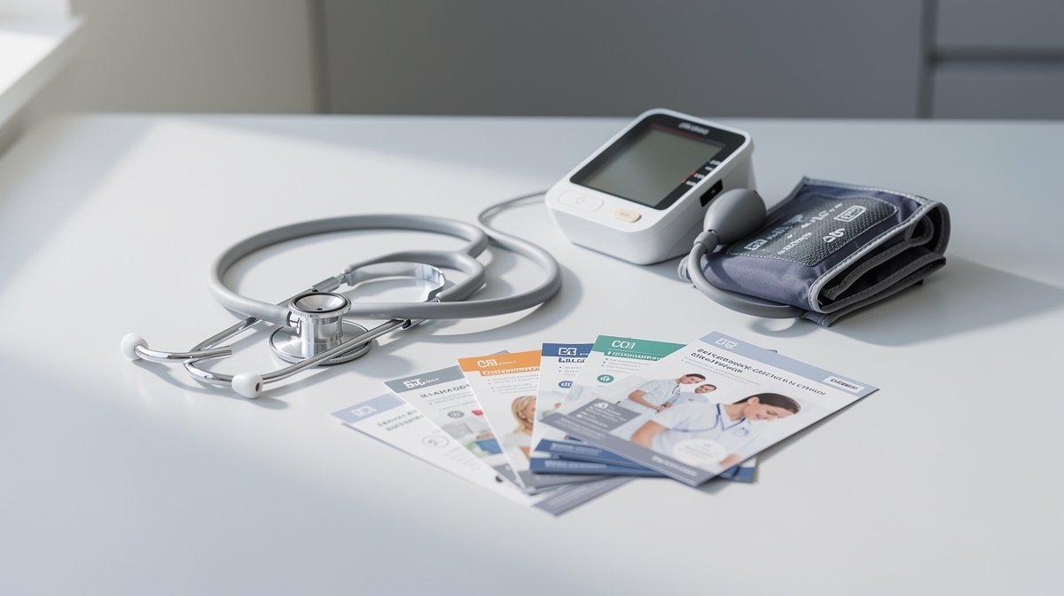 Medicinskt utrustning: stetoskop och blodtrycksmätare.