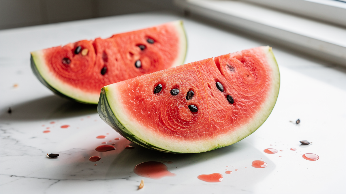 Färsk vattenmelon skuren i halvor med rött fruktkött på vit marmorköksbänk