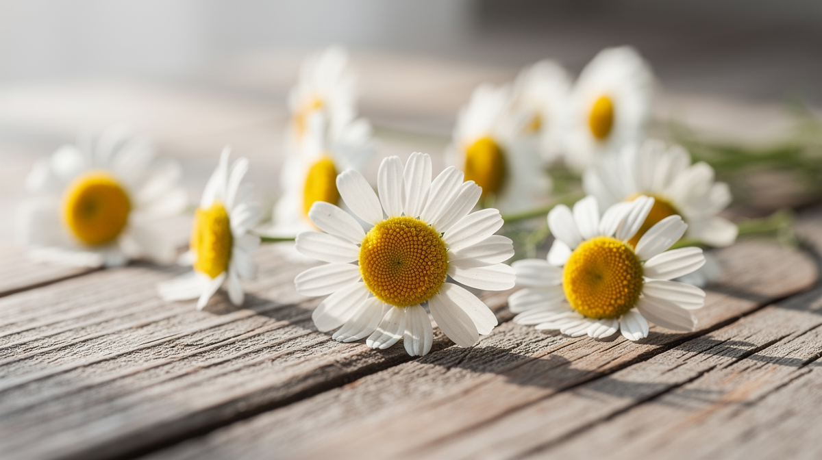 Färska kamomillblommor med vita kronblad och gula centra på trä