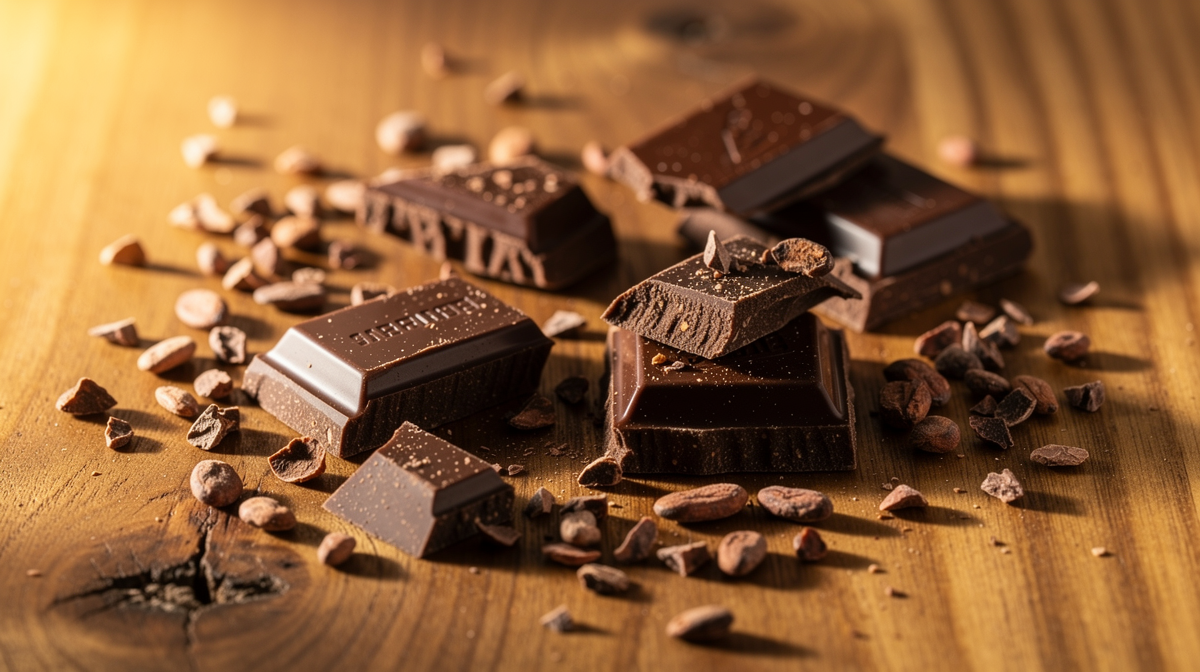 Mörk choklad och kakaonibs på träliv med varmt ljus