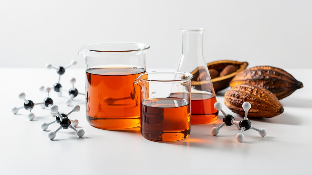 Laboratorieglas med kakao-vätskor och molekylmodeller