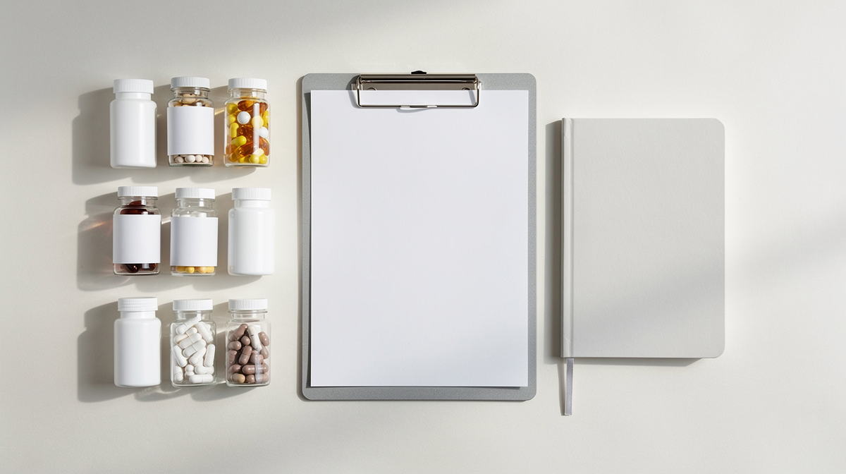 Vitaminflaskor och medicinkapslar på medicinskt underlag