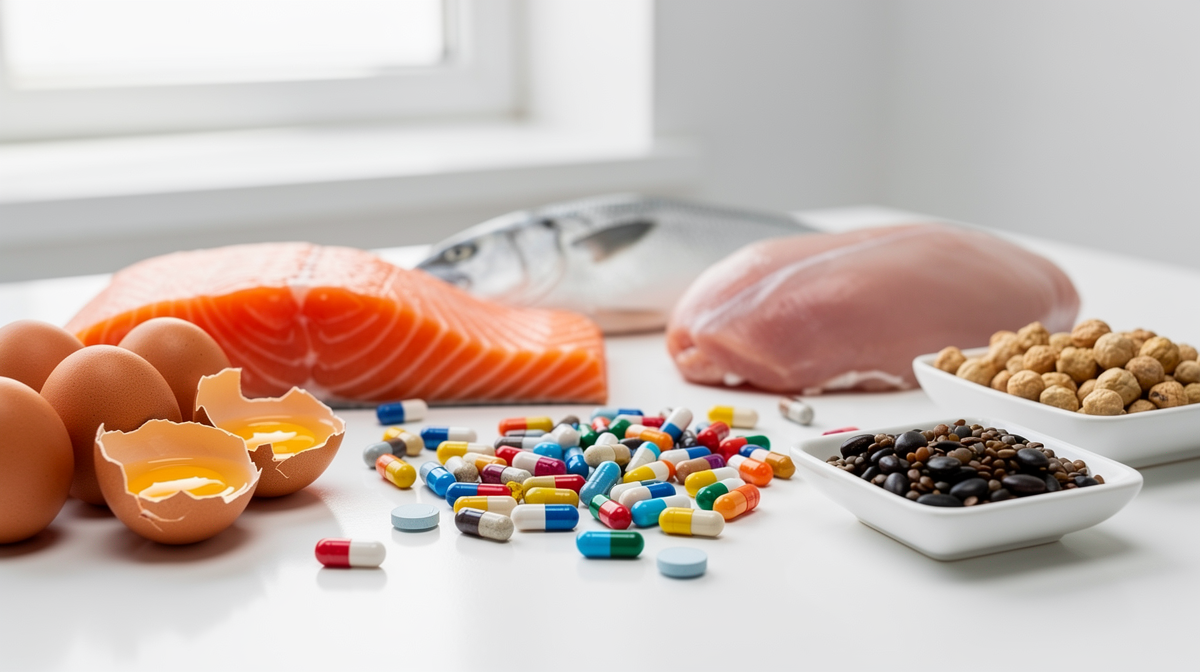 Färgglada aminosyrakapslar omgivna av proteinrika livsmedel som ägg, fisk och bönor.