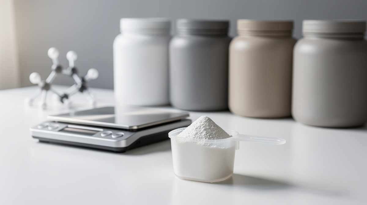 Proteinpulver i mätskopa med aminosyralekar och laboratorieutrustning på vit bakgrund.