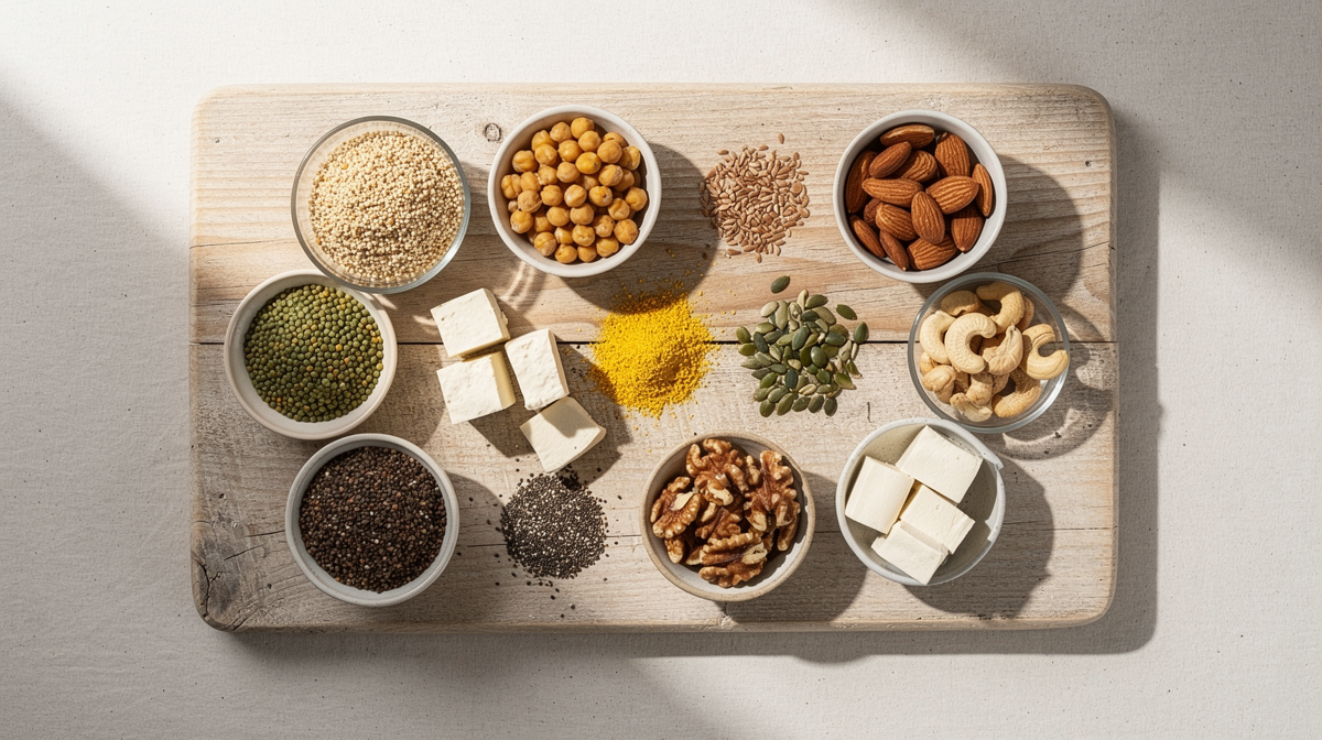 Växtbaserade proteinresor som linser, nötter, frön och tofu på träbräda från ovan.