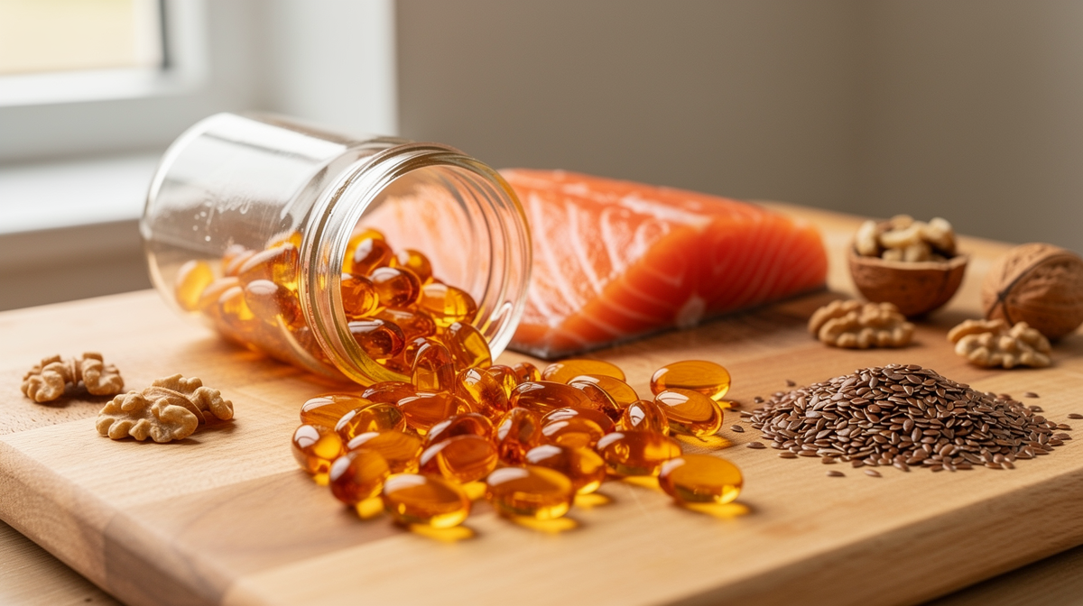 Omega-3 kapslar i flaska med lax, linfrön och valnötter på träbräda.