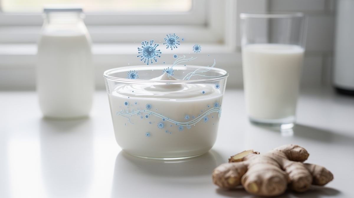 Yoghurt i glas med probiotika-illustration, mjölk och friska ingredienser.