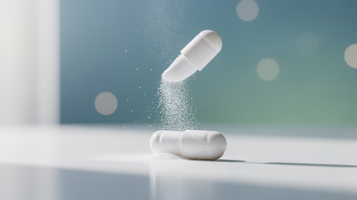 Öppen vit kapsel med pulver som spridande sig i fridfullt ljus, symboliserar immunstöd