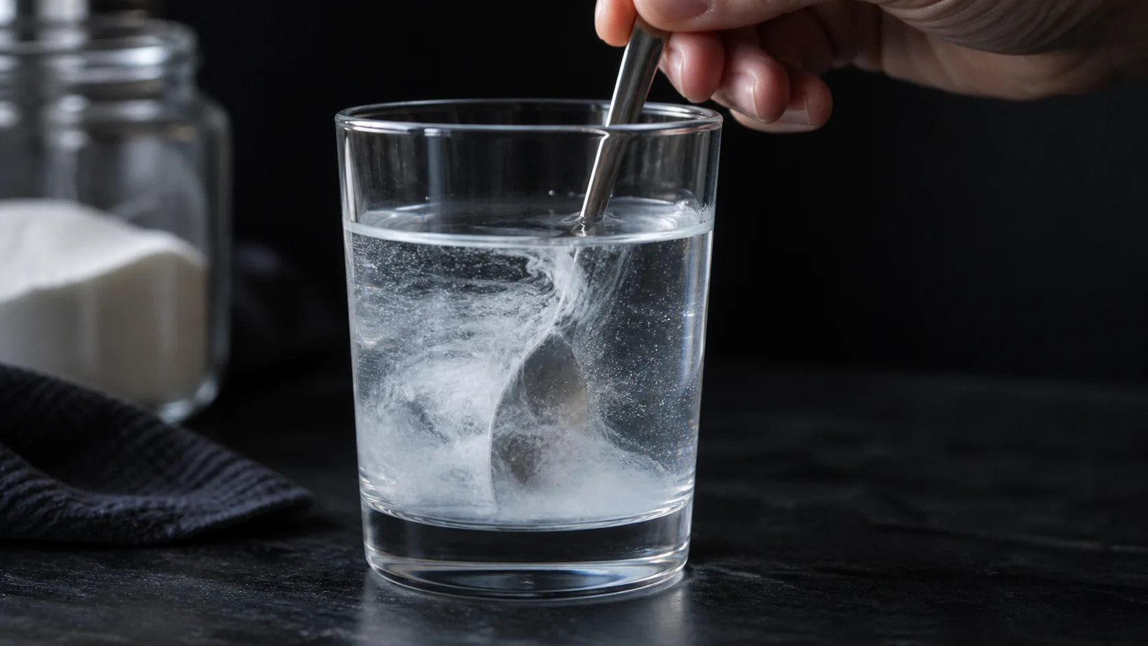 Vitt pulver som rörs ut i ett glas vatten med sked