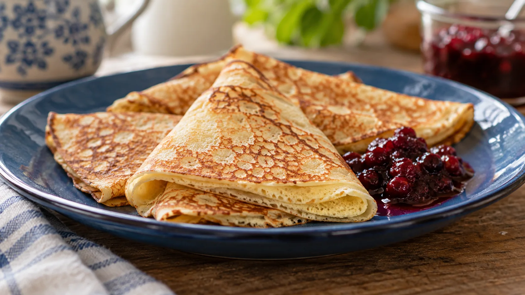 Tunna pannkakor vikta på en blå tallrik med lite bärkompott
