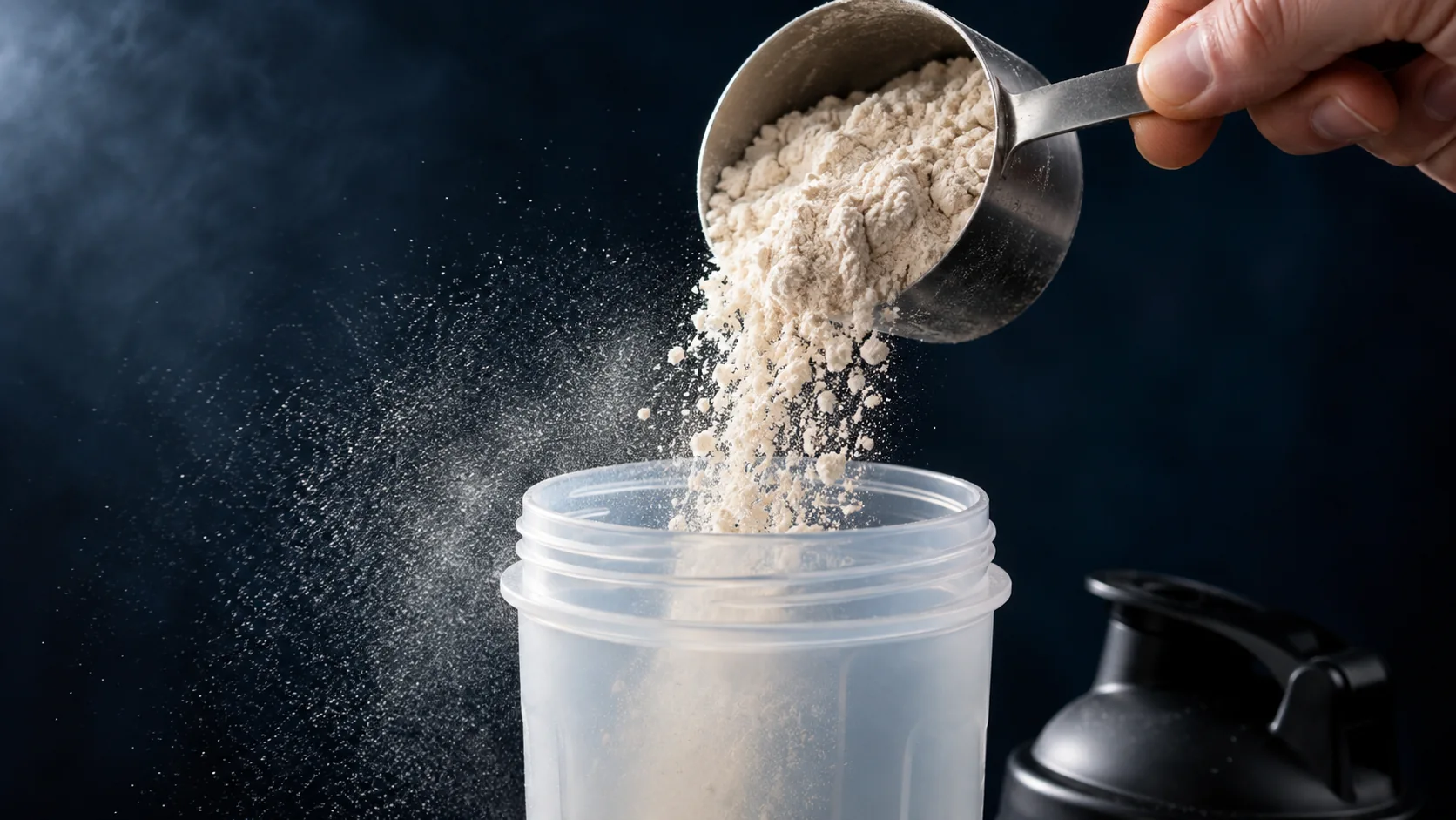 Ljust proteinpulver hälls från en skopa ner i en öppen omärkt shaker.