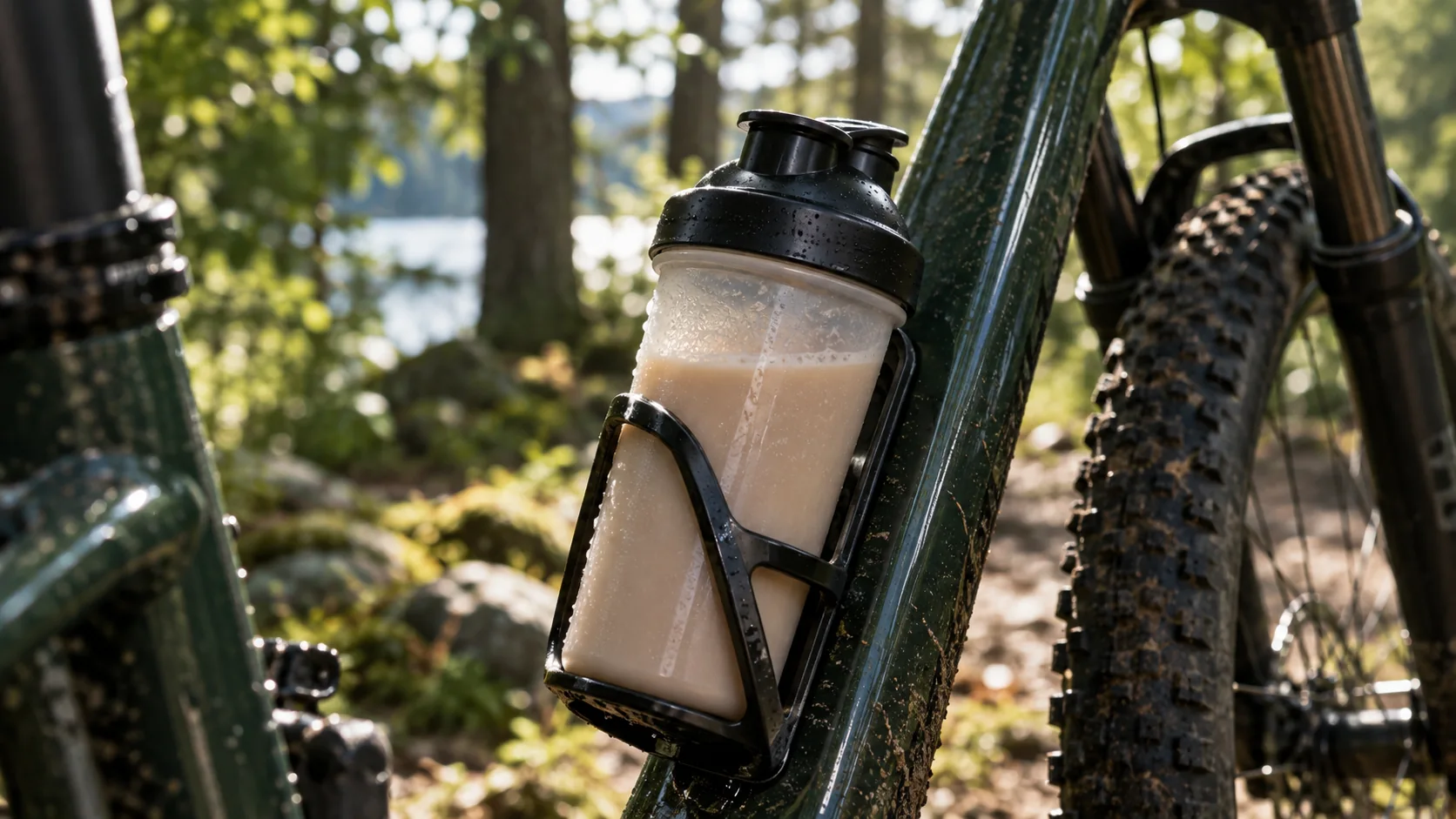 En neutral shakerflaska med krämig dryck utomhus efter cykling