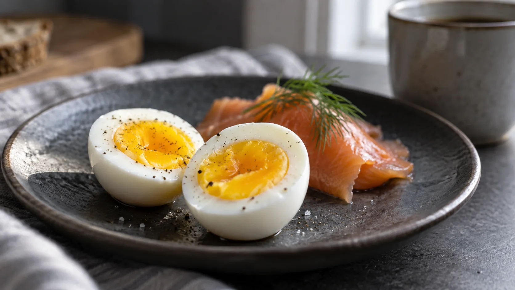 Halvt kogt æg på mørk tallerken med et stykke røget fisk i baggrunden
